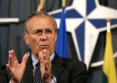 U.S. Defence Secretary Donald Rumsfeld holds a news conference at a NATO defence ministers meeting at the Alliance headquarters in Brussels June 9, 2005. 
