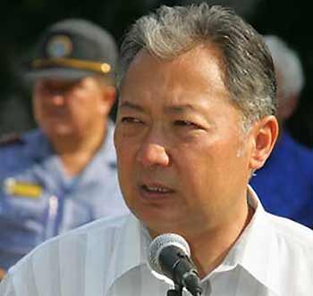 Kyrgyz Acting President Kurmanbek Bakiyev, the frontrunner in the Central Asian state's presidential election, speaks after voting in the capital Bishkek July 10, 2005. Bakiyev has been elected president, the central election commission said on Monday.