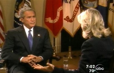 In this image from video released by ABC News, President Bush is shown during a live interview at the White House with Diane Sawyer Thursday, Sept. 1, 2005, on Good Morning America about relief efforts for the Gulf Coast and the destruction caused by Hurricane Katrina. (AP