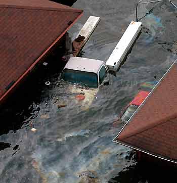 Vehicles submerged in water pollute the water with petroleum products in New Orleans, Louisiana September 5, 2005.