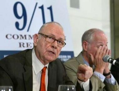 Lee Hamilton (L), former vice chairman of the National Commission on Terrorist Attacks speaks at a joint news conference to release a report on the status of 9/11 commission recommendation at the Ronald Reagan Building in Washington, September 14, 2005. On the right is Commissioner Slade Gorton. The 9/11 Public Discourse Project released a report assessing implementation of the commission's recommendations on homeland security and emergency response. 