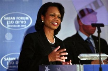 .S Secretary of State Condoleezza Rice speaks during a dinner organized by the Shaban Forum at the King David hotel in Jerusalem Sunday Nov. 13, 2005.