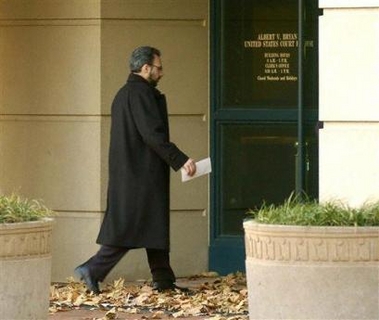 Ashraf Nubani, attorney for Ahmed Omar Abu Ali, enters the U.S. District Court on Tuesday, Nov. 22, 2005, in Alexandria, Va.