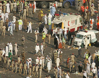Muslim pilgrims tripped over luggage while hurrying to ritually stone the devil Thursday, causing a crush that trampled at least 345 people to death in the latest stampede to mar Islam's annual hajj. 