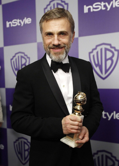 Christoph Waltz holds his award for Best Performance by an Actor In A Supporting Role