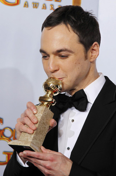 Jim Parsons holds his award for Best Performance by an Actor for 'The Big Bang Theory'