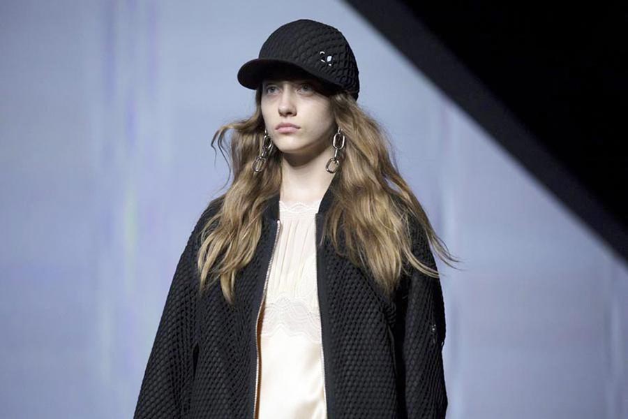 A model displays a creation designed by Alexander Wang for