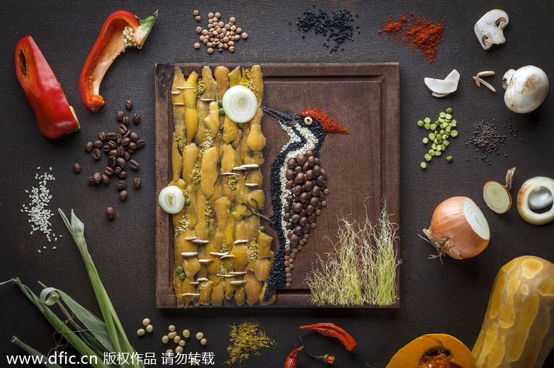 Bird illustrations made out of food