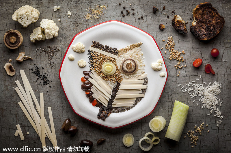 Bird illustrations made out of food
