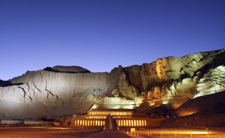 Newly illuminated Egyptian Temple of Queen Hatshepsut