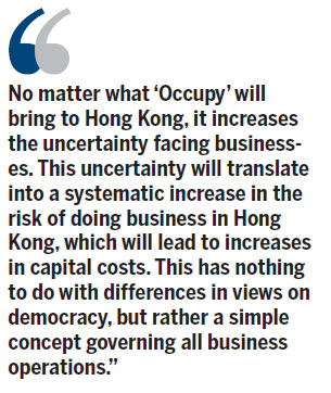 'Occupy Central' will increase business risk in Hong Kong