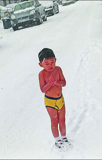 Dad forces son to run naked in chilly snow