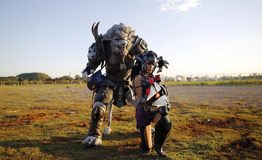 Cosplay enthusiasts pose during 'Anime Friends' in Brazil