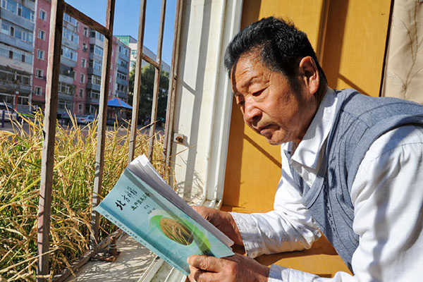 Senior citizen harvests crops on his balcony