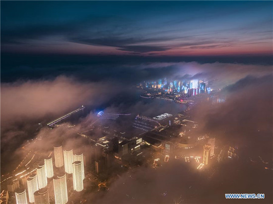 Aerial view of advection fog above Qingdao