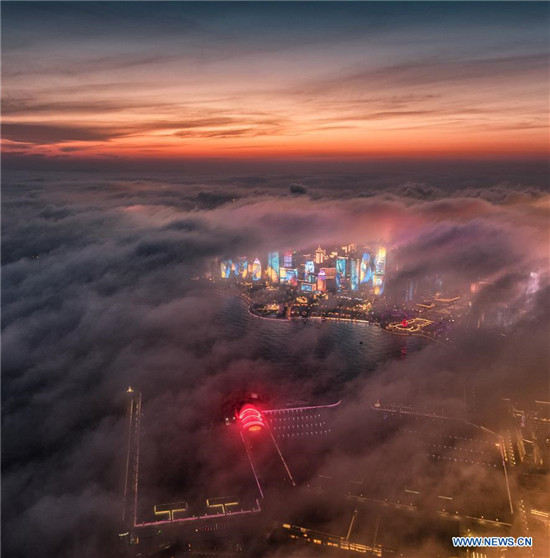Aerial view of advection fog above Qingdao