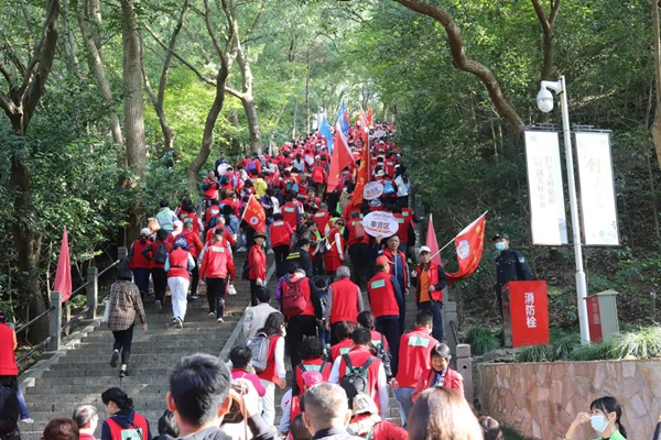 Elders climb mountain in Sheshan on Chongyang Festival