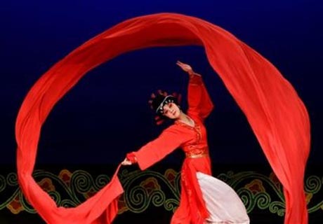 A mainland Chinese performer of the Shaanxi Traditional Opera Research Institute performs 'water sleeves' during the rehearsal for her upcoming performance in Hong Kong Tuesday, May 16, 2006. The performance will be held from May 16 to 18.