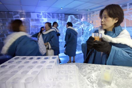 Customers drink cocktails at the Absolut Ice bar in Shanghai July 5, 2007. Workers carved out all the interior fittings, furniture and artworks of the Ice bar from a 40-ton ice block, which was transported to Shanghai from the Torne River in northern Sweden, according to local media. 
