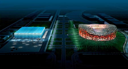 This computer-generated image released by the Beijing Organizing Committee for the Games of XXIX Olympiad shows the National Stadium, also known as the Bird's Nest (R) and the National Aquatics Centre, also known as the Water Cube, for the 2008 Beijing Olympic Games. The Chinese capital is gearing up to celebrate the one-year countdown to the opening ceremony of the 2008 Olympic Games on August 8.