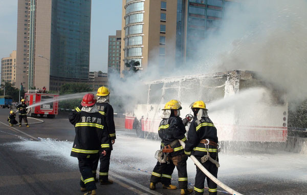 Bus engulfed in flames after refueling in SW China