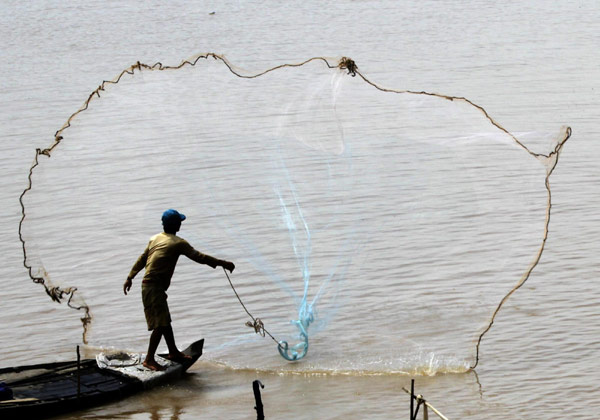 Fisherman casts net to catch fish