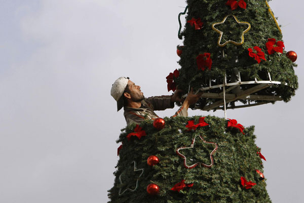 Worker makes Christmas tree ready