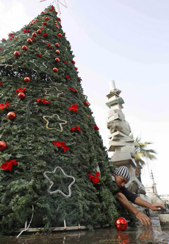 Worker makes Christmas tree ready