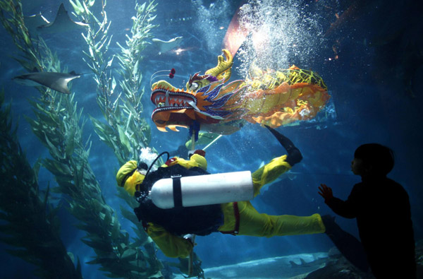 Divers perform dragon dance underwater
