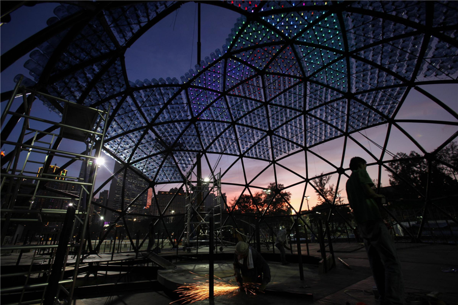 Giant lantern made of 7,000 plastic bottles