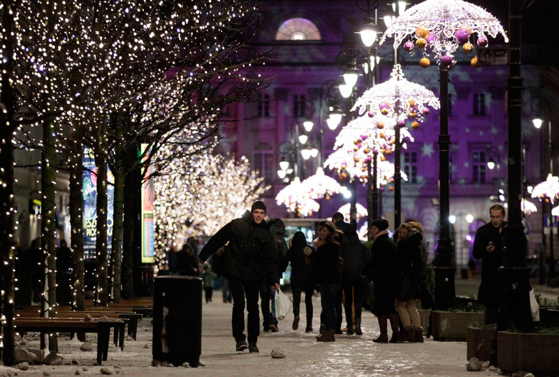 Christmas lights illuminated in Poland