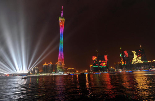 Asiad-themed neon lights light up Guangzhou night