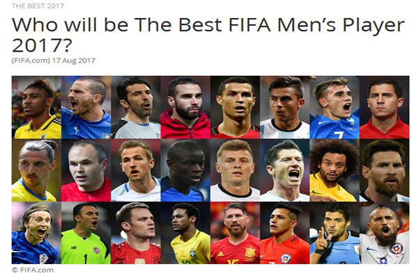 Messi, Ronaldo, Iniesta and Neymar among nominees for FIFA player award[1]
