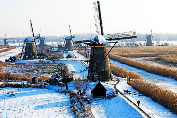 Snow sceneries in windmills town in Netherlands