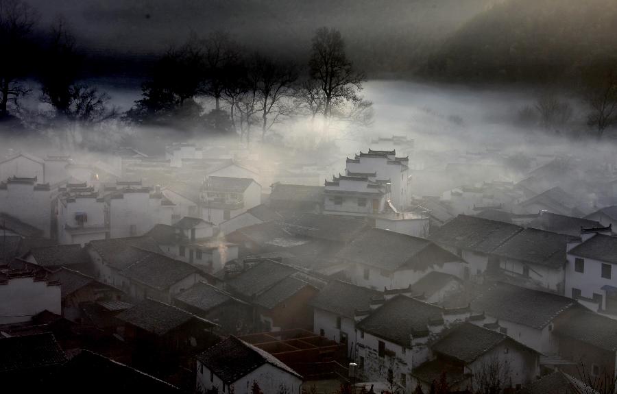 Scenery of Wuyuan at dawn after rainfall