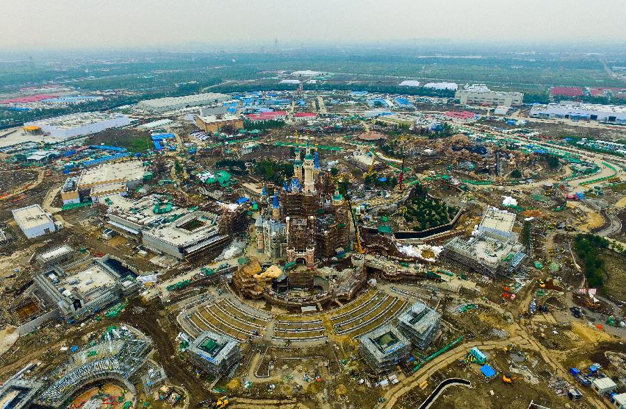 Aerial view of under-construction Shanghai Disneyland Resort