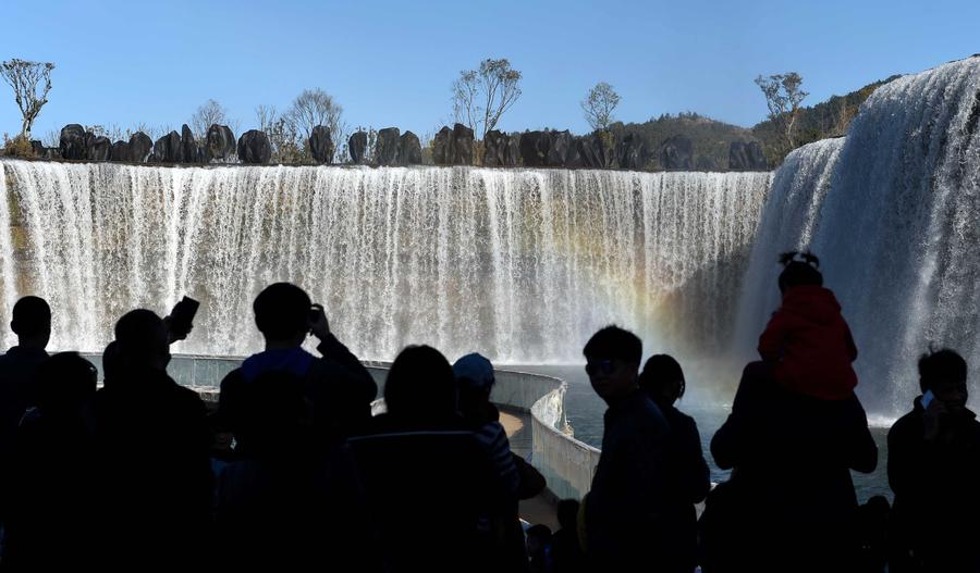 Park featuring 400m-wide manmade waterfall opens in Kunming