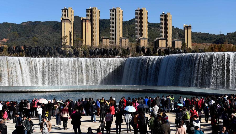 Park featuring 400m-wide manmade waterfall opens in Kunming