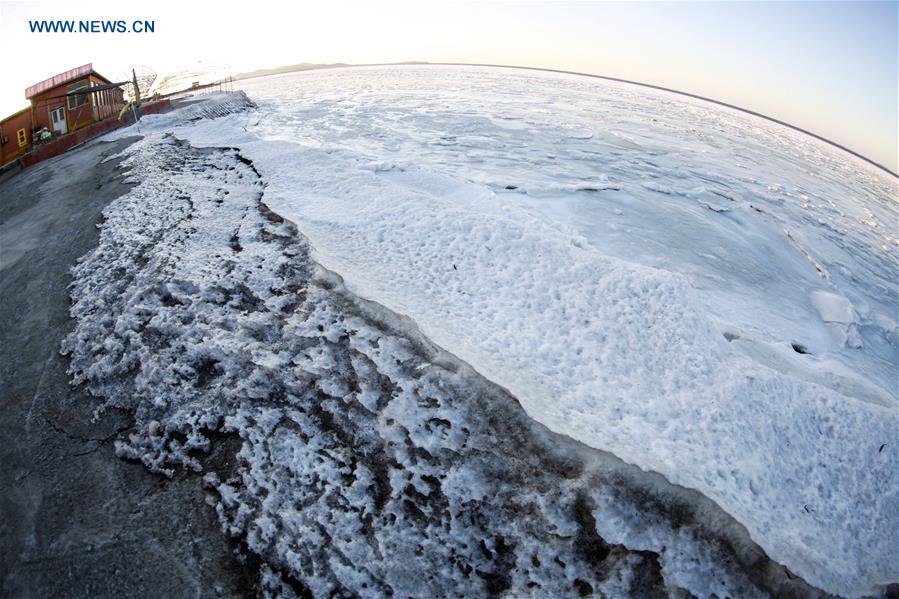 Scenery of frozen sea at Xiajiahezi bathing beach in Dalian