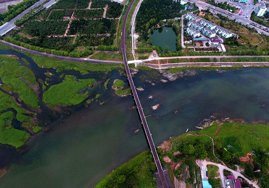 Aerial view of Sanjiangkou wetland park, Zhejiang province