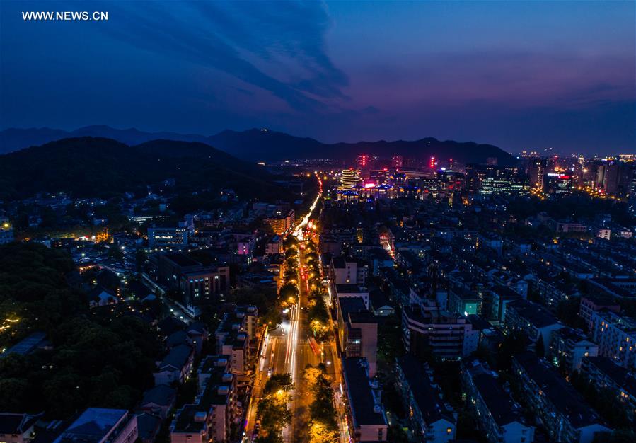 Night view of downtown Hangzhou in E China's Zhejiang