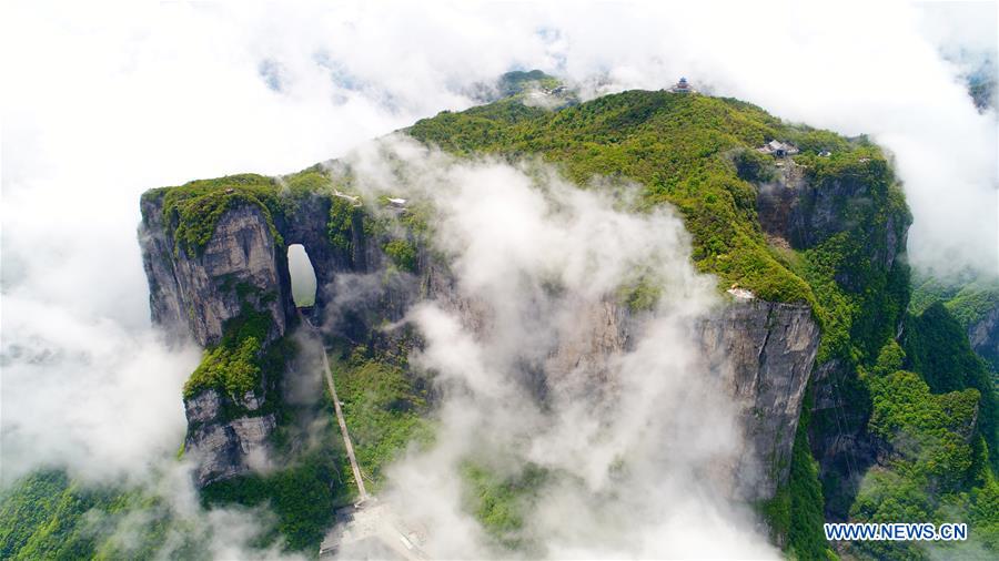 Aerial view of Tianmenshan scenic area in C China's Zhangjiajie