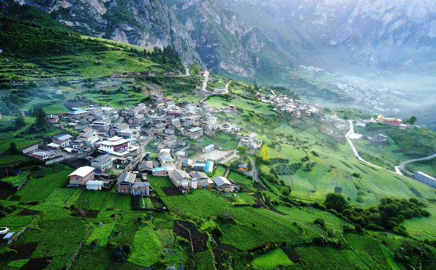 Scenery of Zhagana mountains featuring Tibetan-style villages