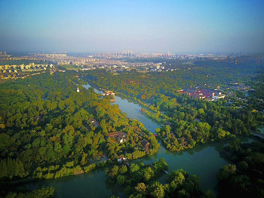 Aerial view of Slender West Lake in morning light