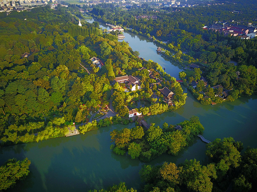 Aerial view of Slender West Lake in morning light