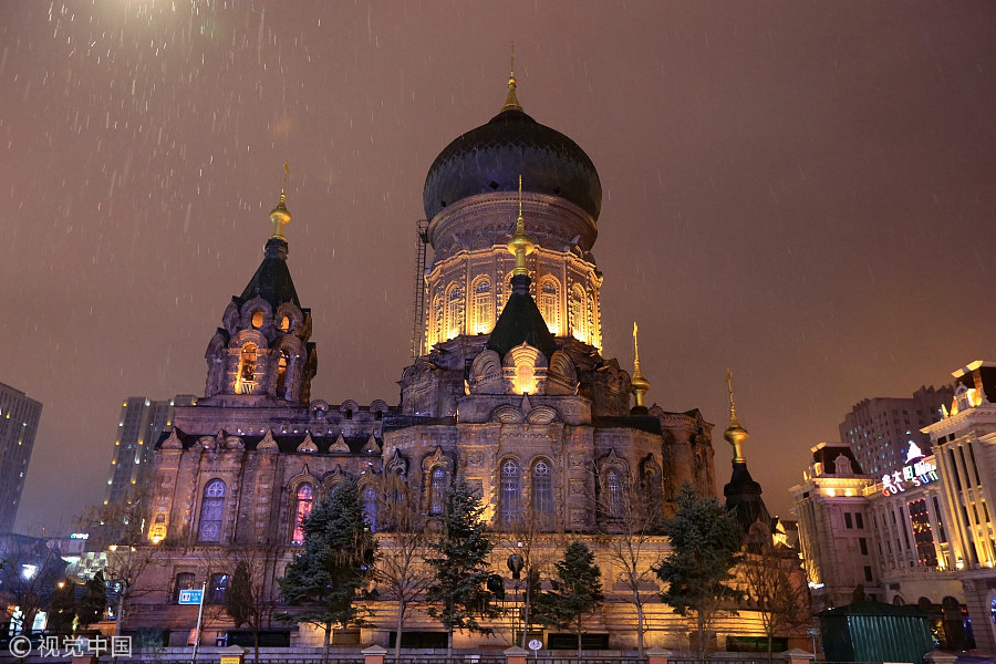 Harbin's iconic Saint Sophia Cathedral captured in snow