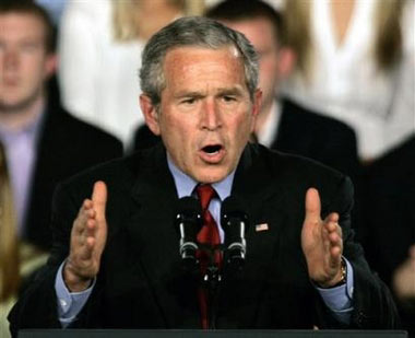 President Bush makes a point during a speech Friday, May, 19, 2006, at Northern Kentucky University in Highland Heights, Ky. 