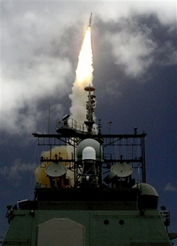 In a photo provided by the U.S. Navy, a Standard Missile-3 (SM-3) is launched from the Aegis cruiser USS Shiloh (CG 67), during a joint Missile Defense Agency, U.S. Navy ballistic missile flight test, Thursday, June 22, 2006, off the coast of Kauai, Hawaii. Two minutes later, the SM-3 intercepted a separating ballistic missile threat target, launched from the Pacific Missile Range Facility, Barking Sands, Kauai, Hawaii. The test was the seventh intercept, in eight program flight tests, by the Aegis Ballistic Missile Defense, the maritime component of the 'Hit-to-Kill' Ballistic Missile Defense System, being developed by the Missile Defense Agency. The maritime capability is designed to intercept short to medium-range ballistic missile threats in the midcourse phase of flight. [AP]