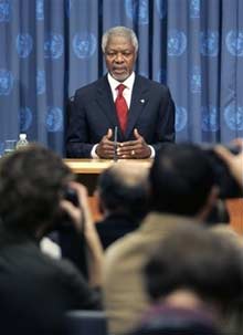 Secretary-General Kofi Annan speaks to the media during a news conference at United Nations headquarters in New York, Tuesday, Dec. 19, 2006. This is supposed to be Annan's last news conference, as he will be passing the Secretary-General title to Ban Ki-moon at the beginning of 2007. (AP Photo