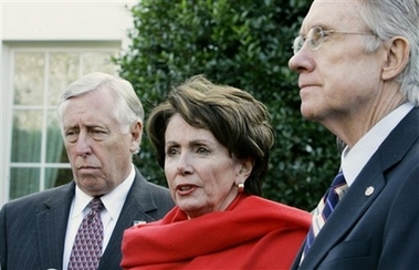 Democratic leaders, from left, House Majority Leader Steny Hoyer of Md., House Speaker Nancy Pelosi of Calif., and Senate Majority Leader Harry Reid of Nev. talk to reporters outside the White House in Washington, Wednesday, Jan. 10, 2007, following a meeting with President Bush to discuss his revised Iraq strategy. (AP 